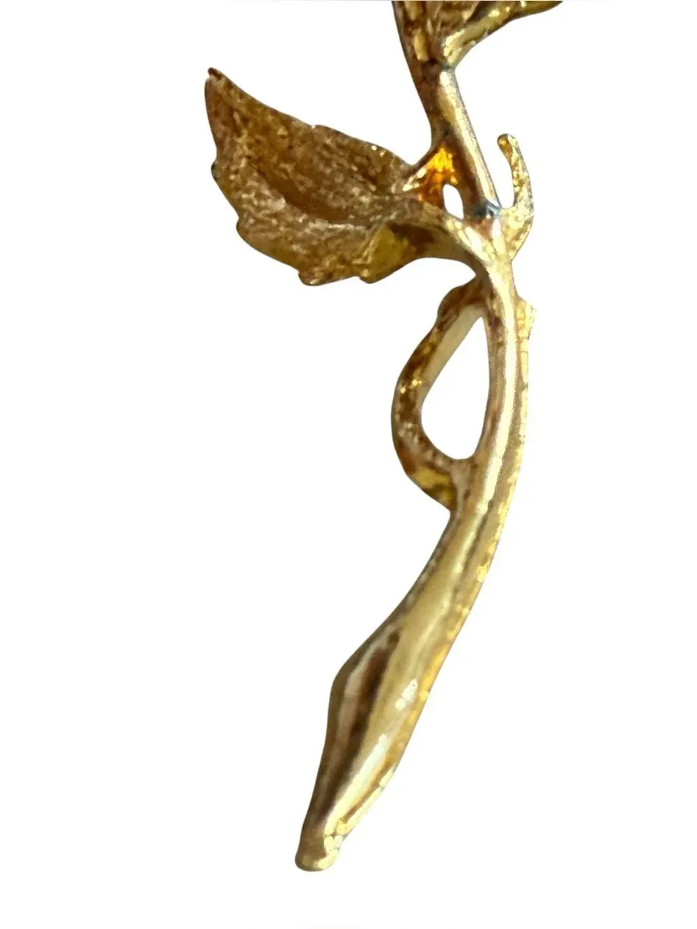 Vintage Gold Tone Long Stem Rose Brooch Pin With White Rhinestone Detail
